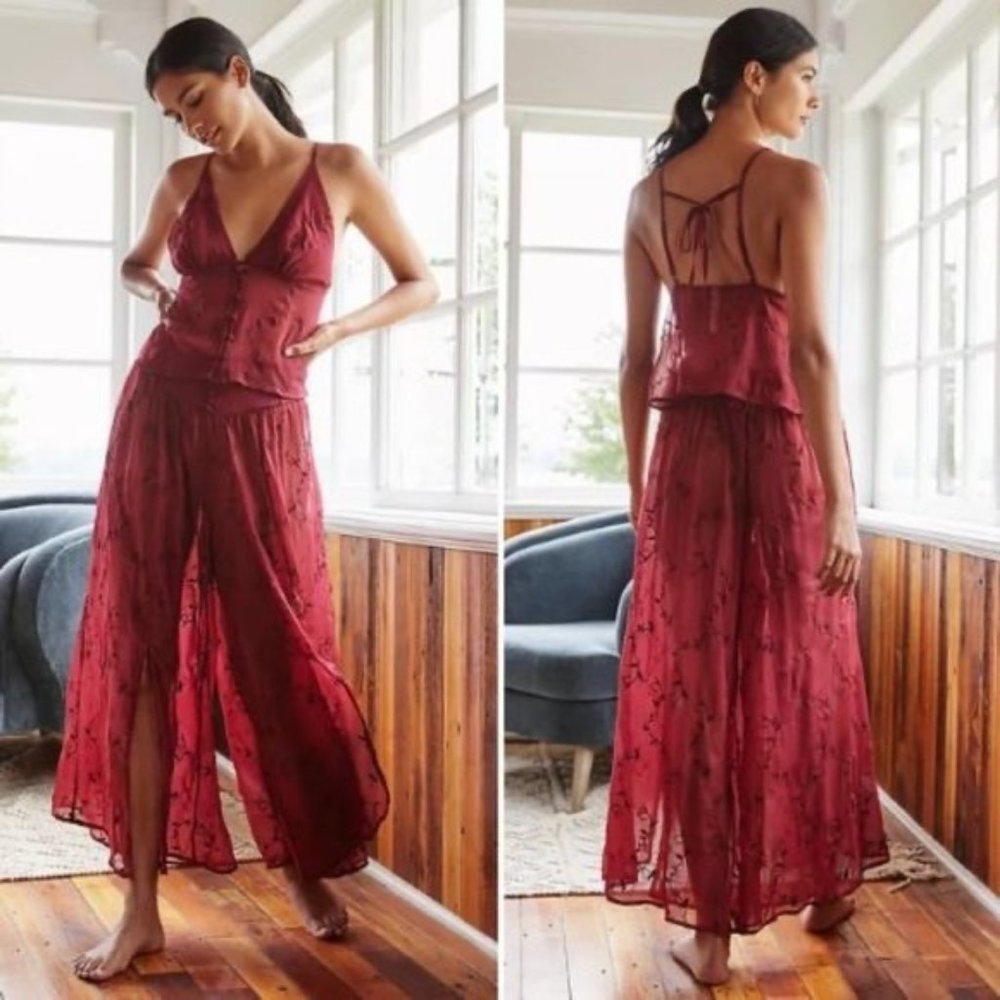 Anthropologie NWT Two Piece Set Burgundy Sheer Embroidered XXS